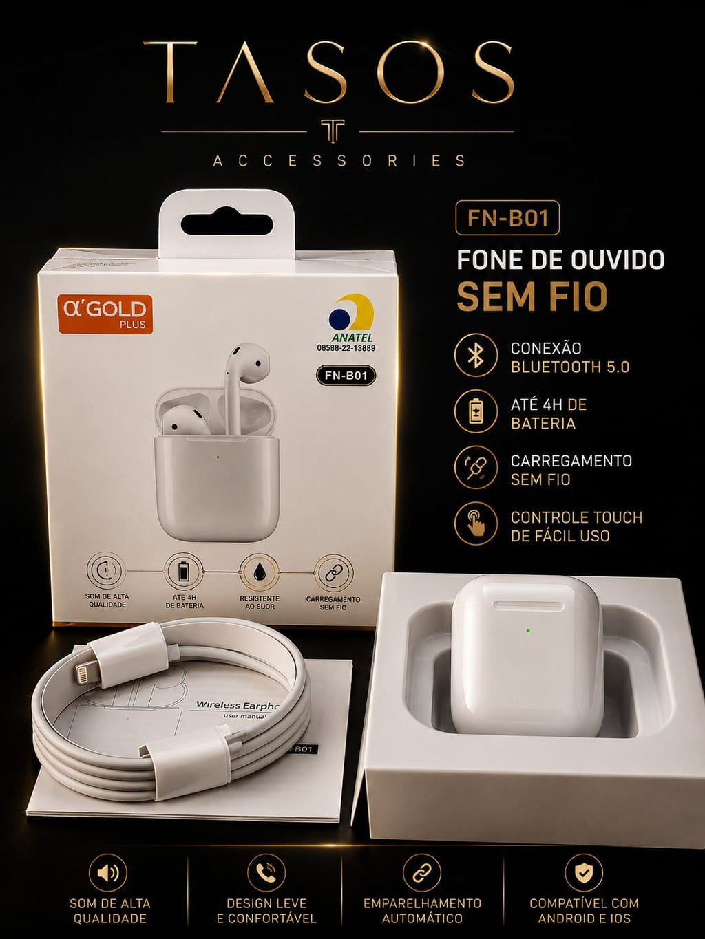 Fone de Ouvido Bluetooth FN-B01 GOLD PLUS