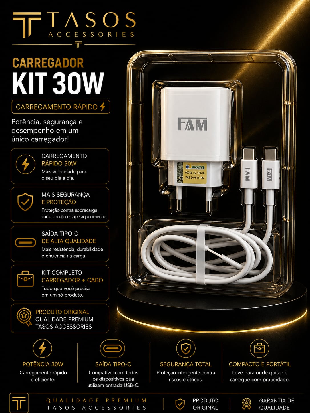 Kit Carregador 30W USB-C para USB-C