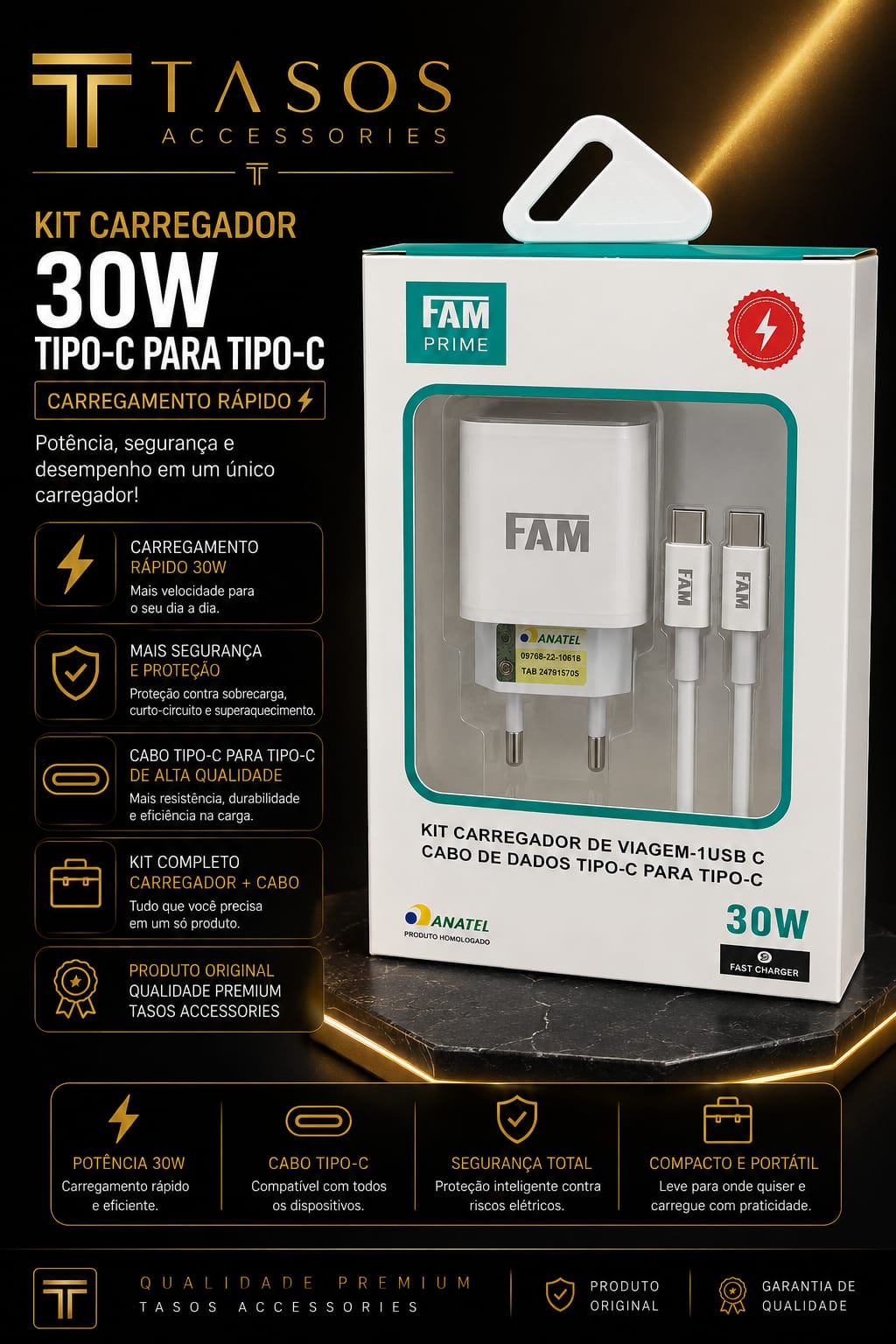Kit Carregador 30W USB-C para USB-C