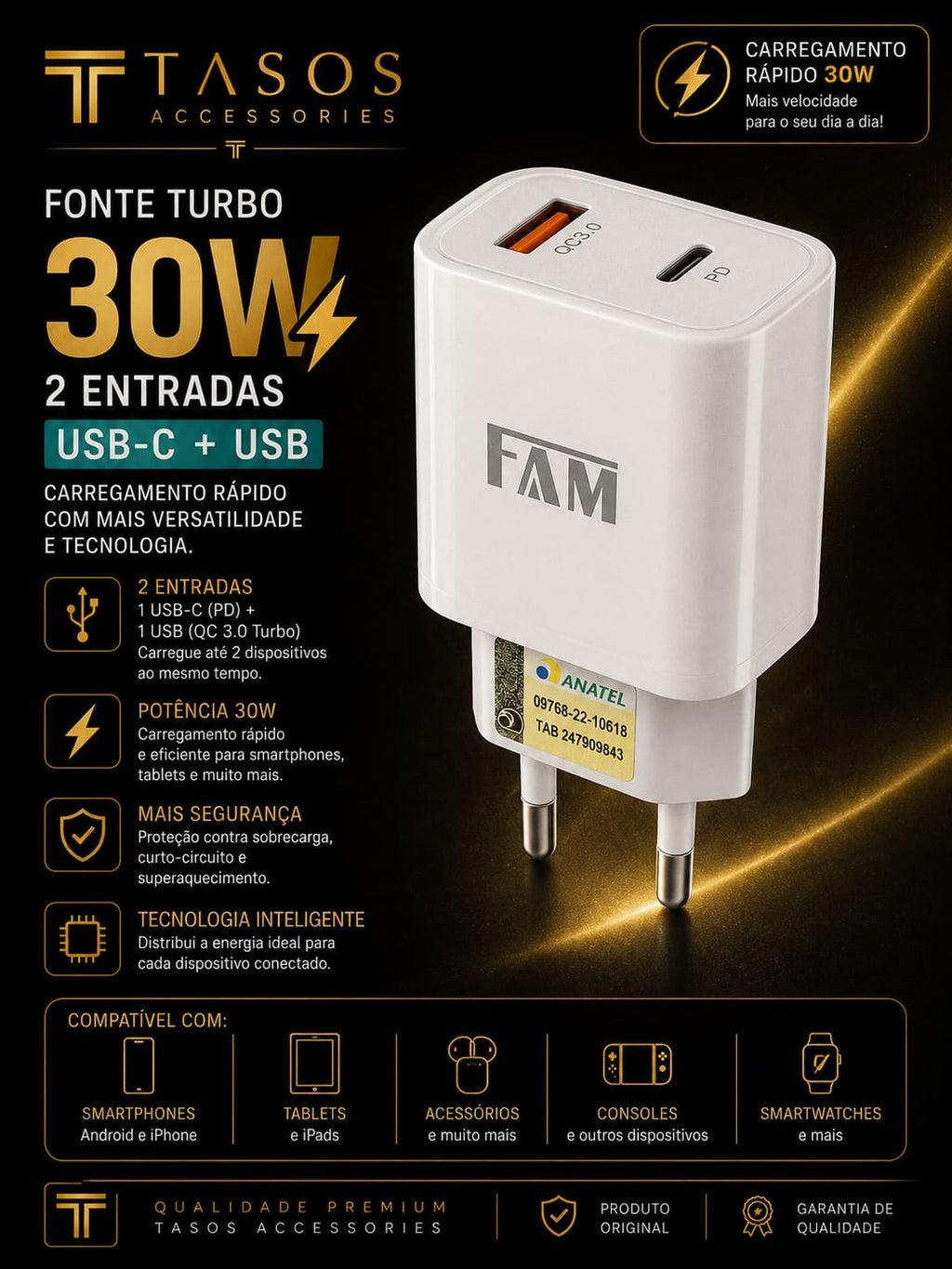 Fonte Turbo 30W USB-C + USB