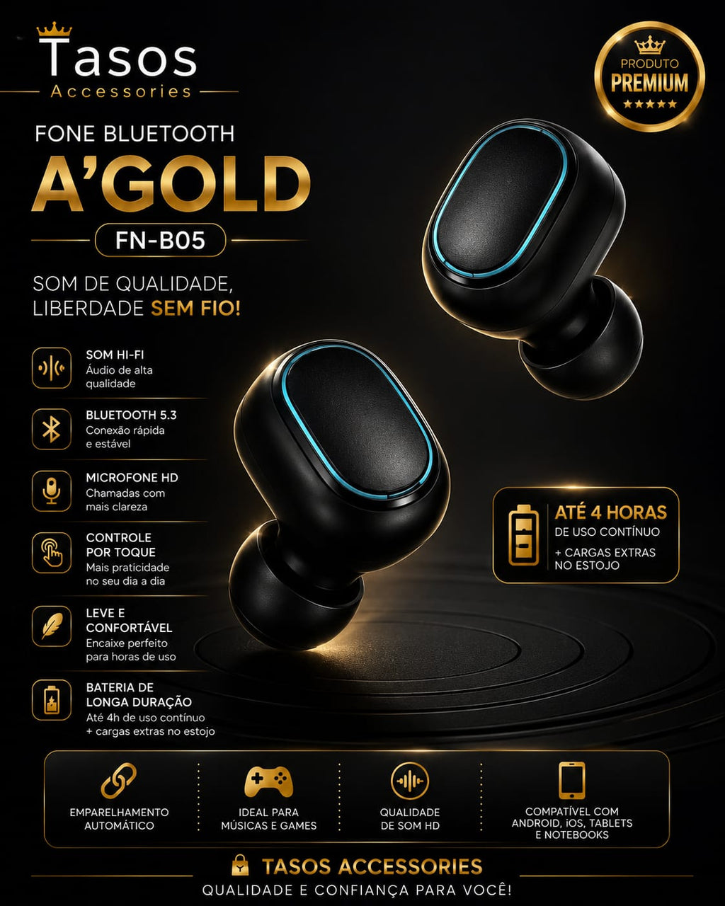 Fone de ouvido A ´Gold FN-B05 via bluetooth
